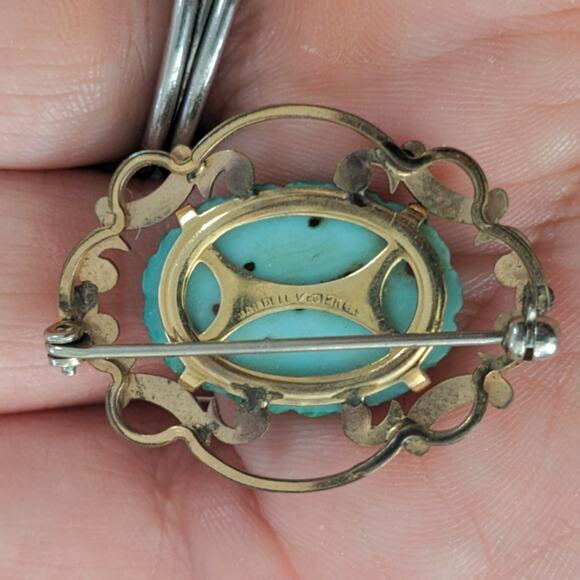 VTG Van Dell Brooch & Earrings GF Gold Filled Faux Jade Green Peking Glass - Picture 4 of 7